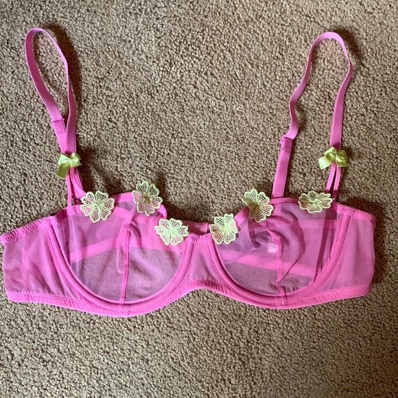 Pink lace Adore Me push up bra and underwear. With lights green floral trim. - Picture 1 of 6
